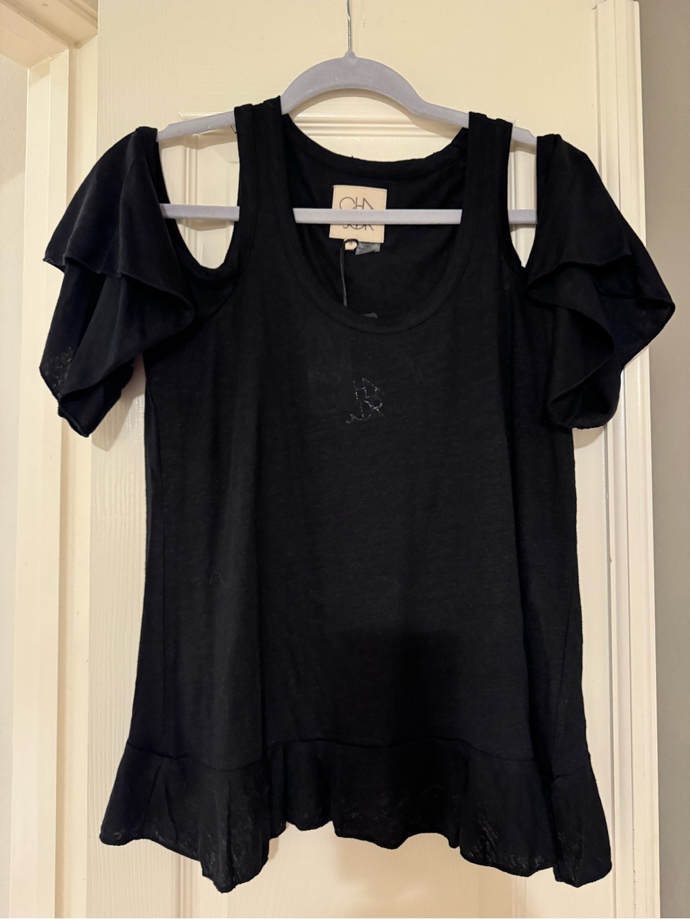Chaser Black Cold-Shoulder Ruffle Sleeve Tank